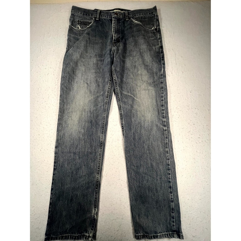 Lee Jeans Mens 34x32 Blue Cotton Distressed Regular Fit Mid Rise Straight Leg